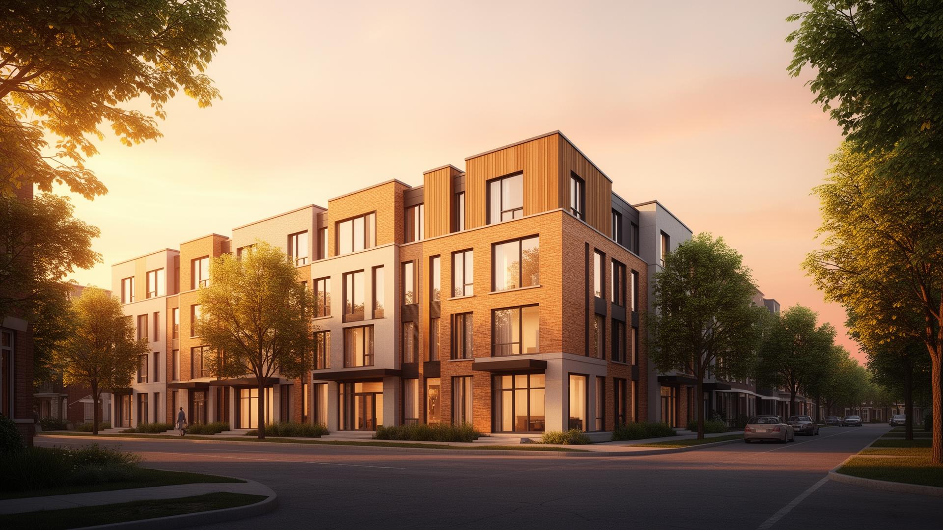 Sunlit modern multi-unit infill building in Ontario at golden hour