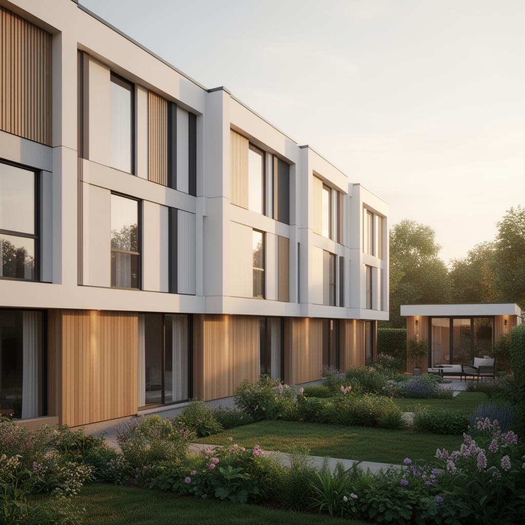 Modern Toronto multiplex with garden suite at sunrise