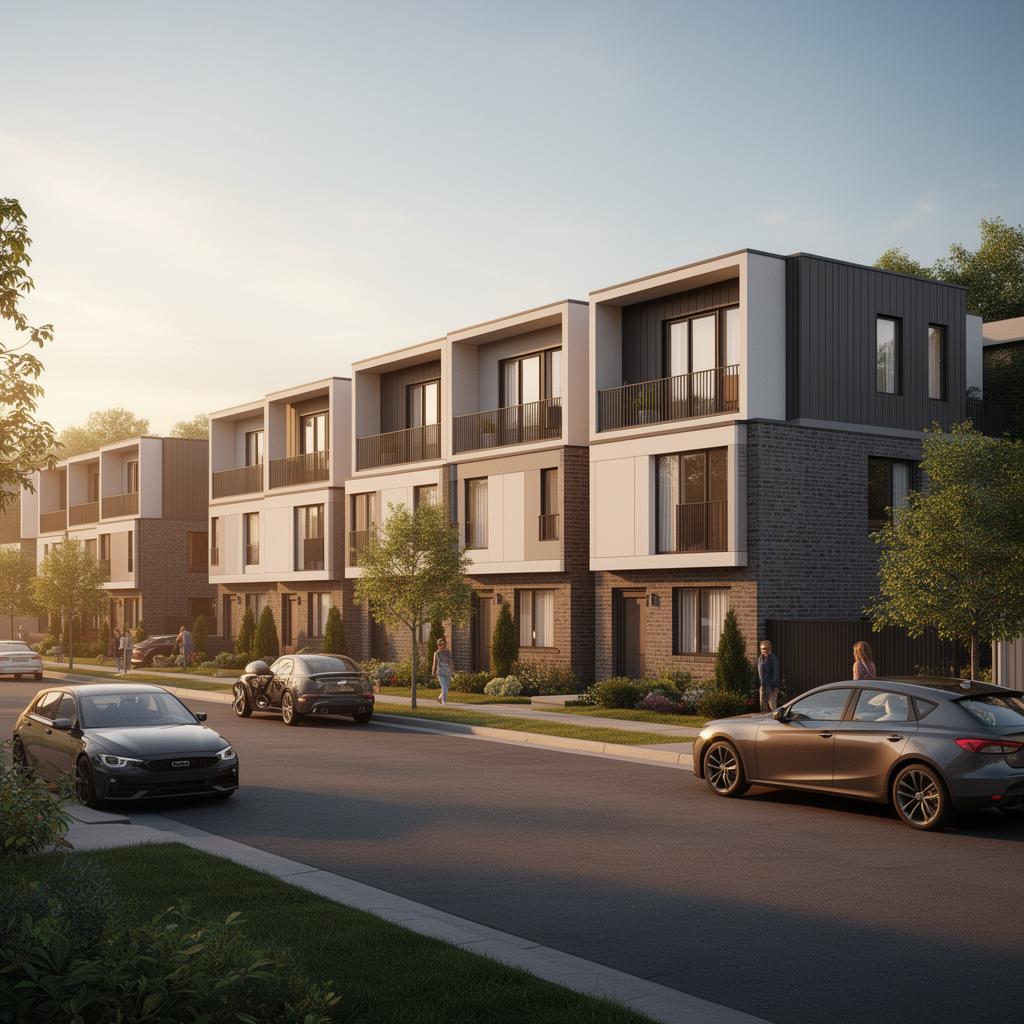 Modern stacked row homes development at golden hour
